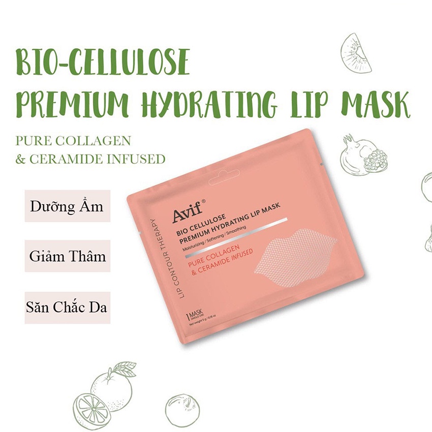 Mặt nạ môi collagen tươi dưỡng môi AVIF Bio Cellulose Premium Hydrating Lip Sleeping Mask 5g cấp ẩm làm hồng chống nẻ