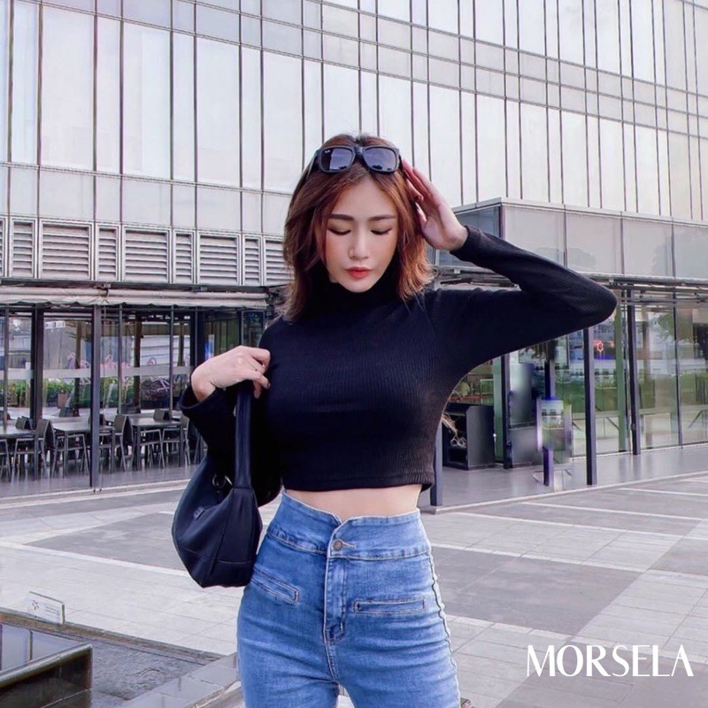 Áo croptop tay dài nữ cổ lọ - Áo kiểu nữ dáng croptop dài tay - Morsela