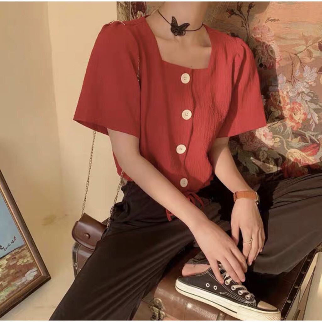 Áo croptop cổ vuông LaNa có dây buộc eo, Áo kiểu tay ngắn kiểu sơ mi Phong cách ulzzang Hàn Quốc C51 | BigBuy360 - bigbuy360.vn
