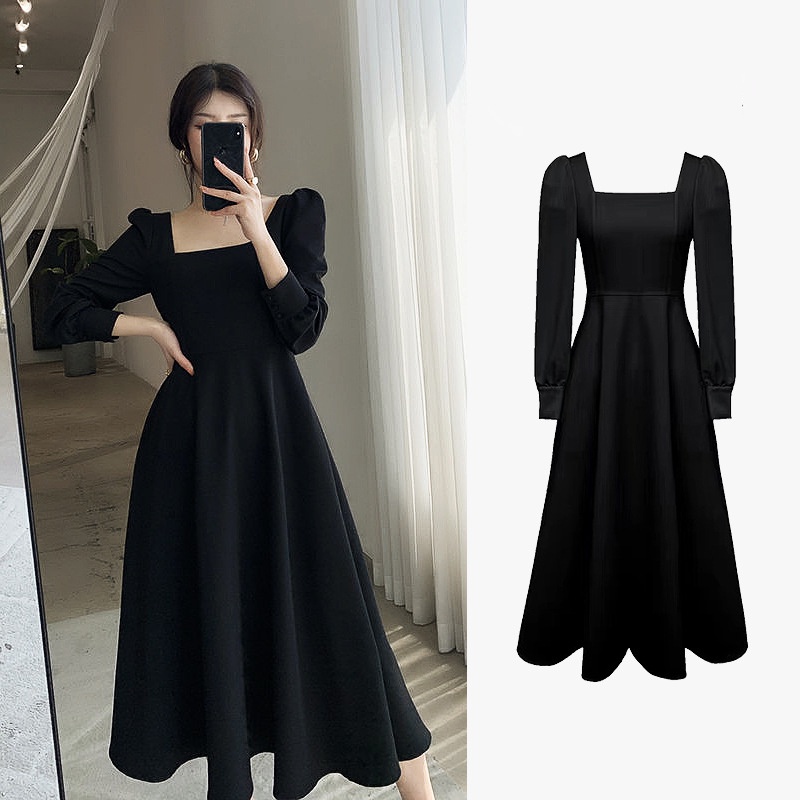 Đầm IELGY cổ vuông tay dài phong cách hepburn pháp thời trang màu đen dành cho nữ