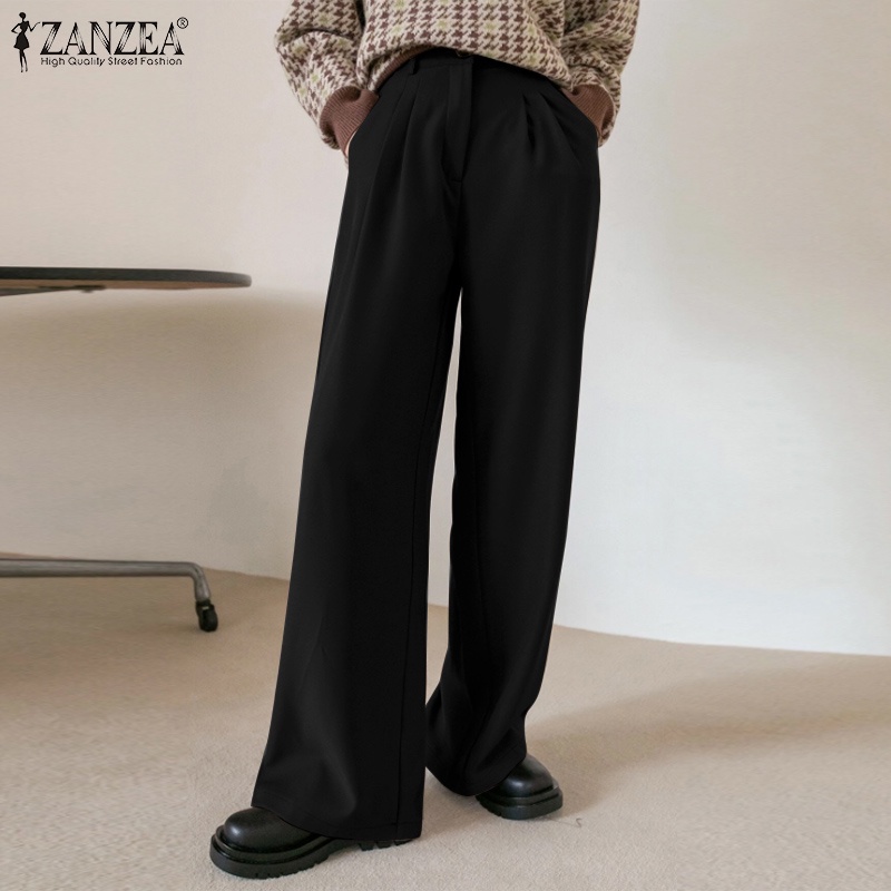 Quần dài ZANZEA ống rộng lưng thun co giãn có nút gài phía trước thời trang dành cho nữ