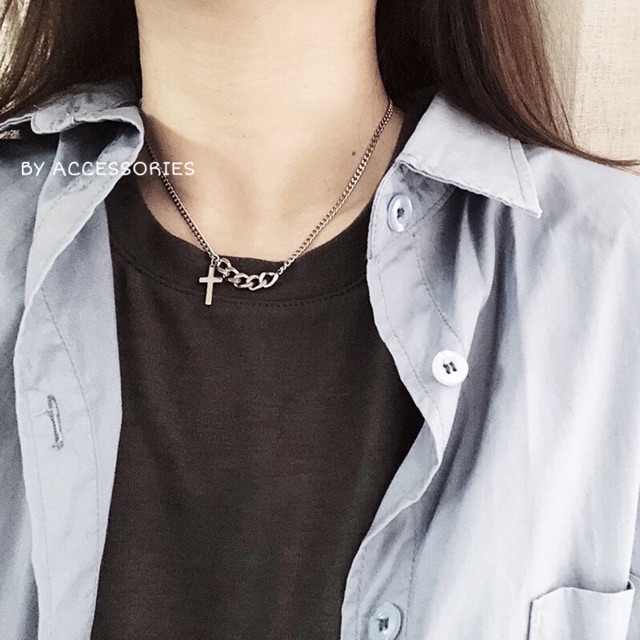 Vòng cổ titan unisex xích phối thánh giá nhỏ không gỉ