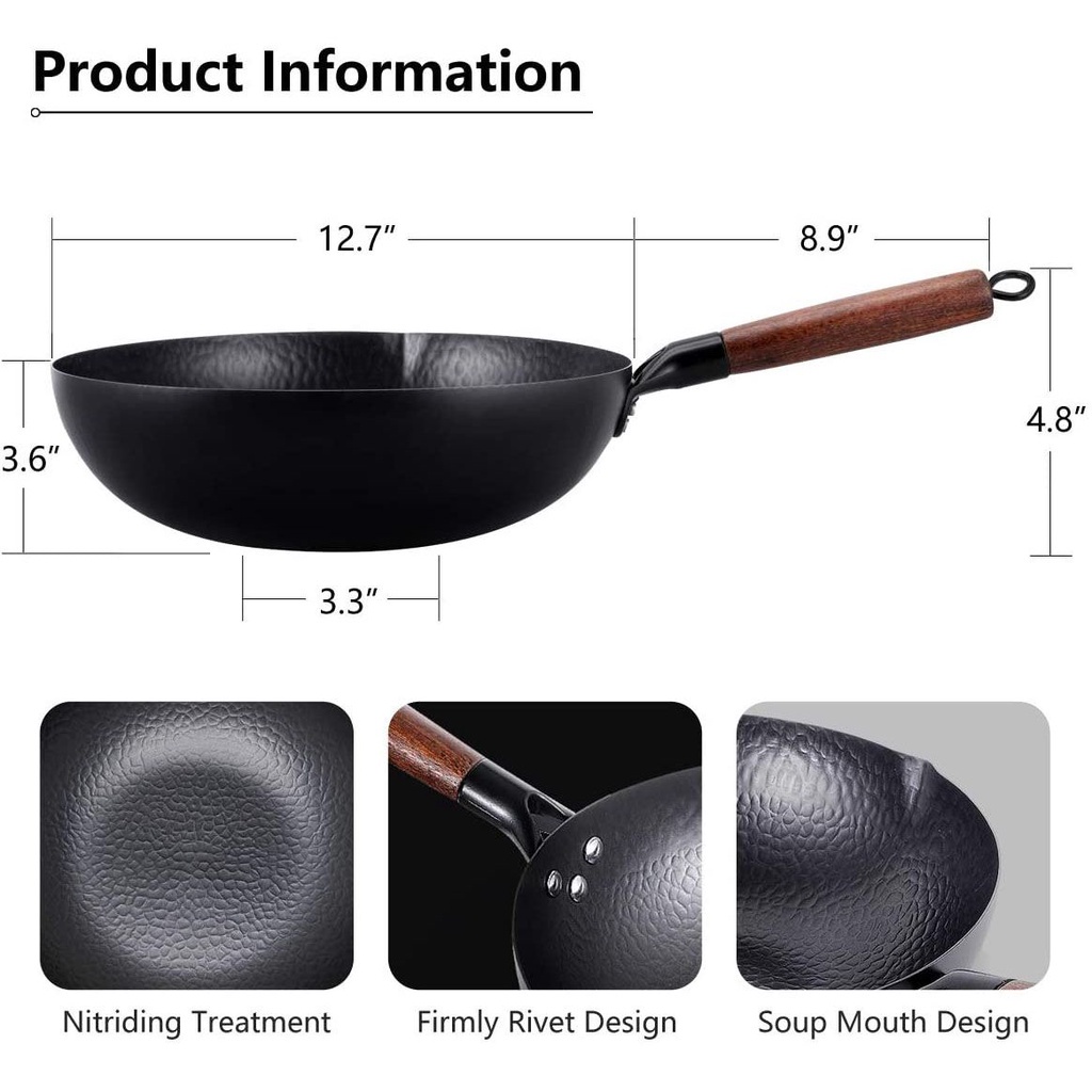Chảo nấu ăn Trung Hoa bằng thép carbon với tay cầm gỗ dài 12.5&quot;