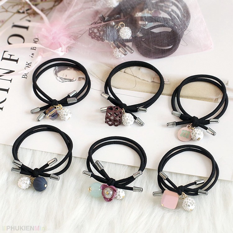 Bộ 6 dây thun buộc tóc, cột tóc đính hạt châu kiểu Hàn Quốc xinh xắn cho bạn gái kèm túi voan dây rút tiện lợi  giá rẻ