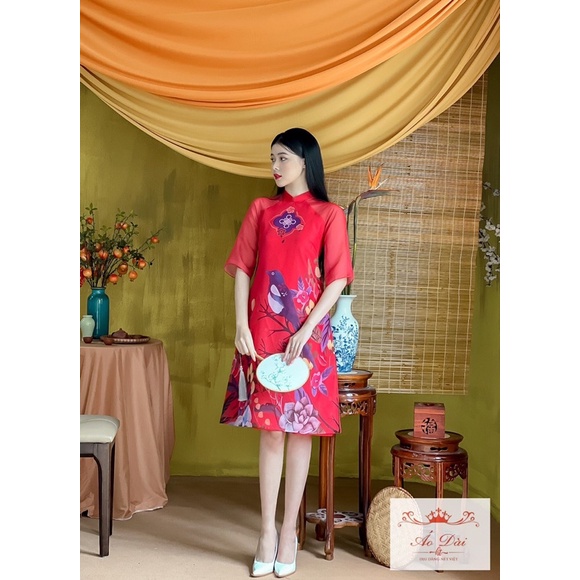 Áo dài cách tân tết Như Ý đỏ tơ 4 tà trơn 4 tà có 2 dáng áo ài và váy cực xinh diện Tết, mẫu mới tết 2022