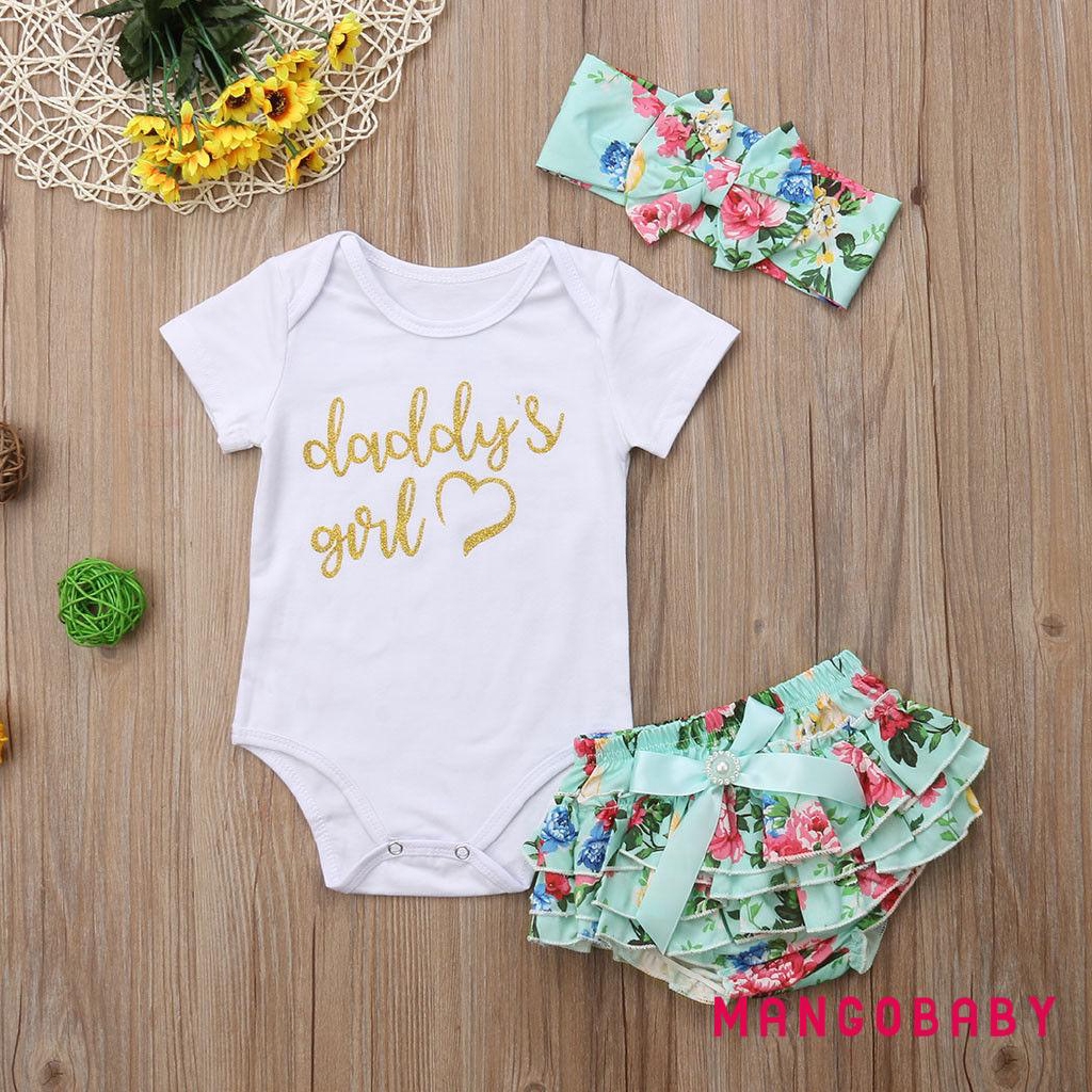 Bộ bodysuit một mảnh + quần short hoa + Băng đô cho bé sơ sinh