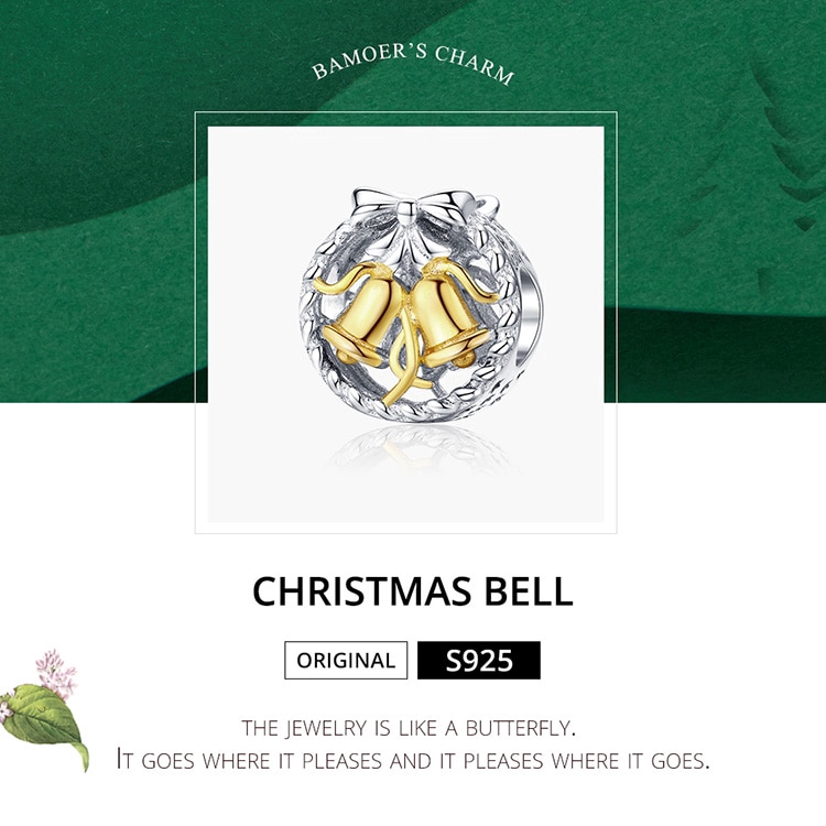 Mặt tráng sức Bamoer SCC1358 bằng bạc 925 hình chuông giáng sinh hợp thời trang DIY