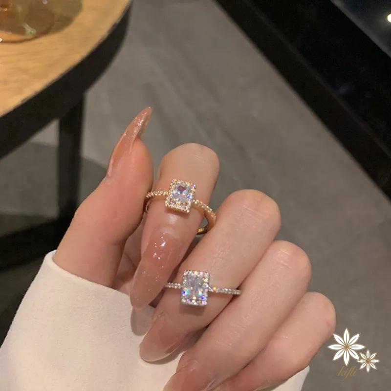 【kifli】Nhẫn Hở Đính Đá Zircon Hình Vuông Có Thể Điều Chỉnh Phong Cách Hàn Quốc Tinh Tế Cho Nữ