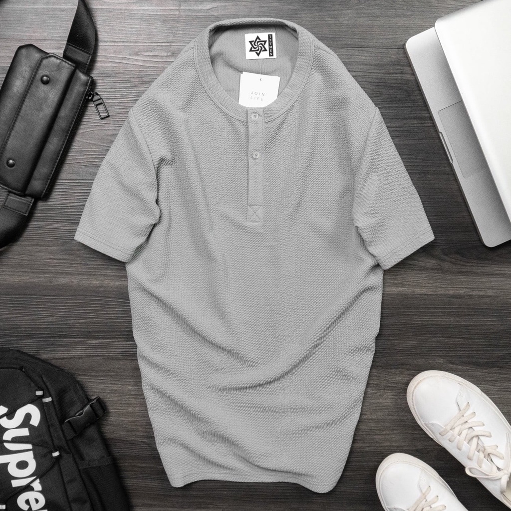 Áo Thun Nam TZTMEN Form Rộng Kiểu Phông Có Cổ Vải Waffle Dệt Tổ Ong Cao Cấp