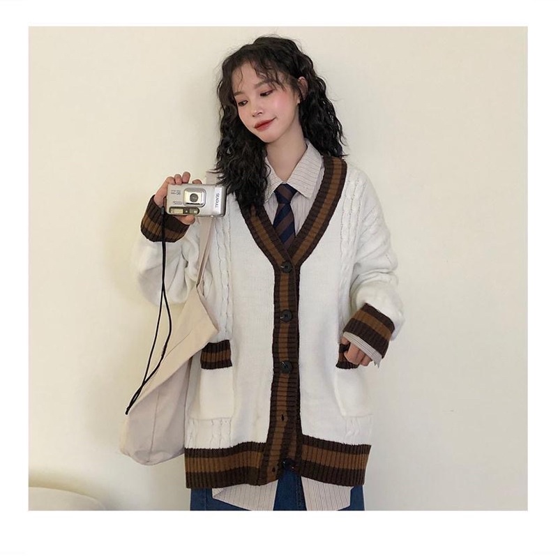 Áo Khoác Cardigan  Nữ Chất Len Dày, Dáng Dài, Rộng Màu Nâu và Trắng