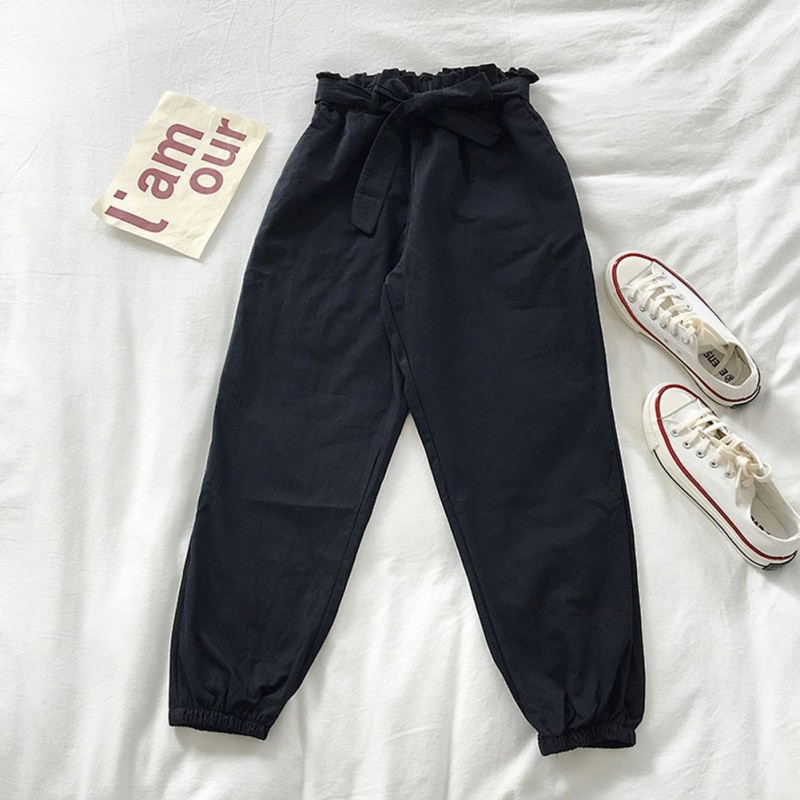 Women Harem Pants Mid Waist Elastic Drawstring Solid Color Straight Casual Long Nine Pants | BigBuy360 - bigbuy360.vn