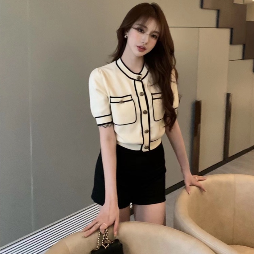 [Hana And Alice]  Áo Dệt Kim Tay Ngắn Vải Lụa Lạnh Mỏng Thời Trang Mùa Hè 2023 Small fragrance wind