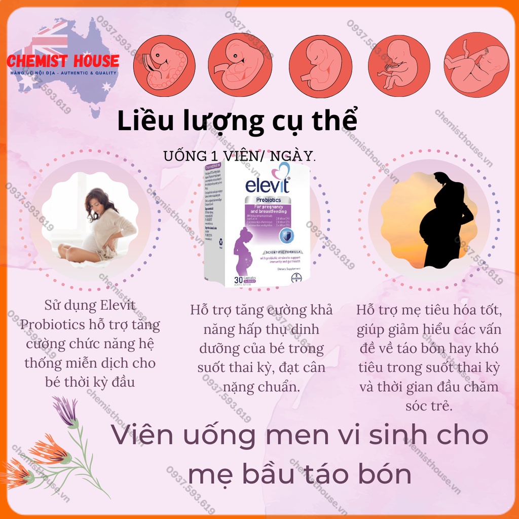 [Hàng Chuẩn ÚC] Elevit Probiotics For Pregnancy and Breastfeeding - Viên uống men vi sinh cho Mẹ bầu táo bón 30 viên