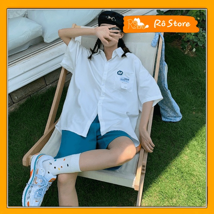 Áo sơ mi unisex form rộng tay lỡ nam nữ mặc được in chữ AP thiết kế basic dễ mặc RÔ STORE SM13