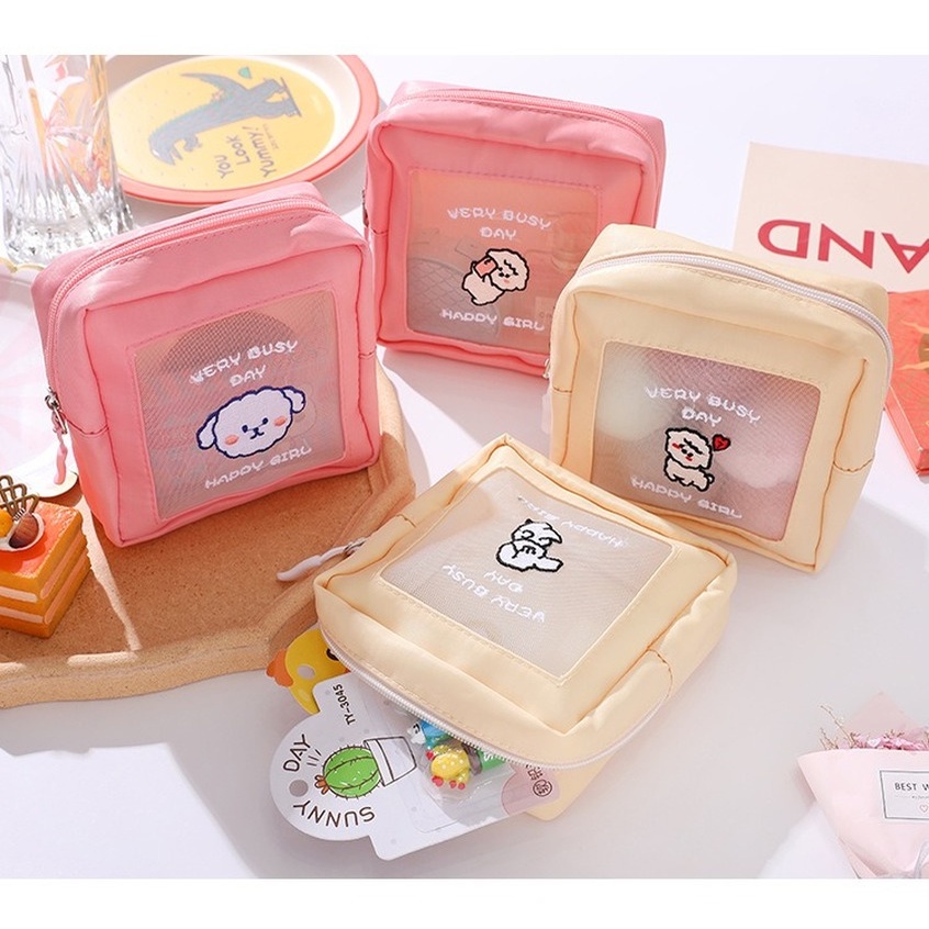 Túi Lưới Đựng Bút/Mỹ Phẩm Trong Suốt Họa Tiết Hoạt Hình Phong Cách Nhật Hàn Độc Đáo