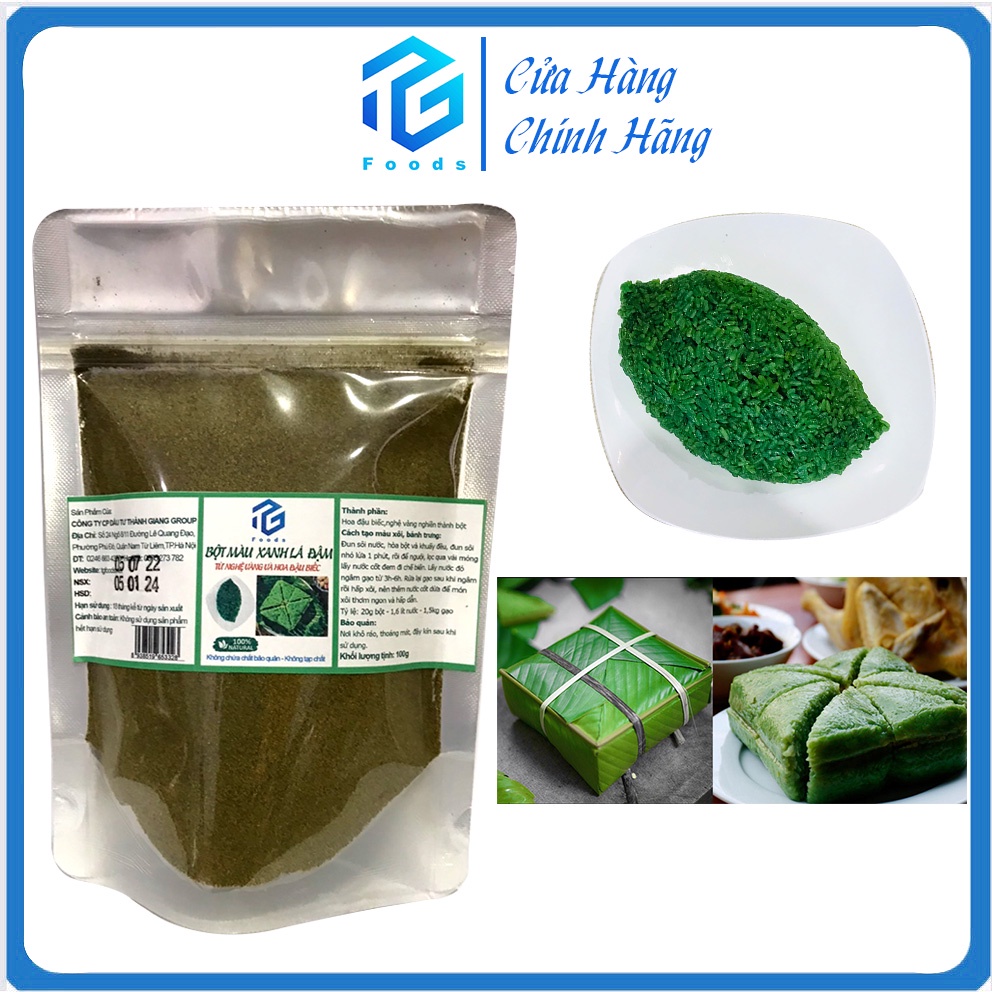 Bột tạo màu xanh lá cây cho xôi, bánh trưng 100% tự nhiên, kết hợp từ bột nghệ và hoa đậu biếc, gói 100g TG FOODS