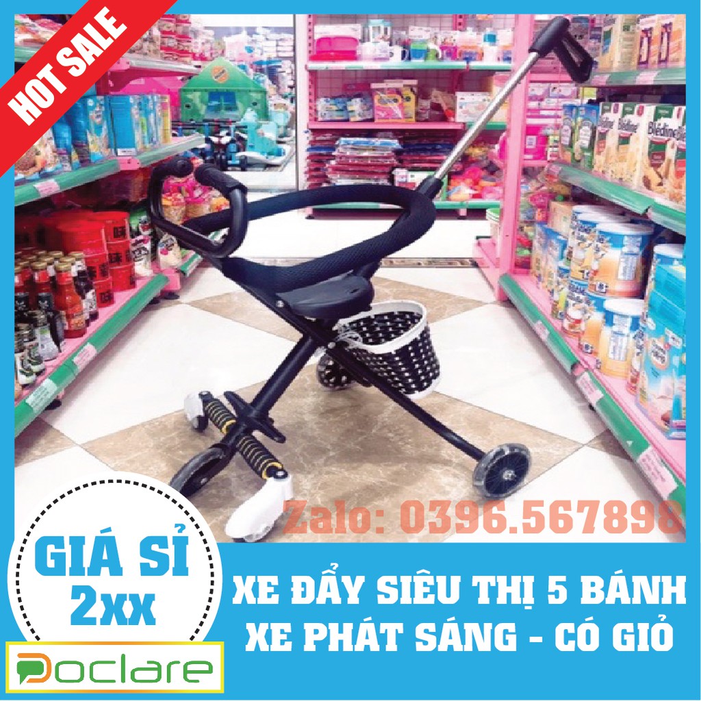 Xe Đẩy Siêu Thị 5 Bánh Cho BÉ - Tay cần vòm, bánh xe phát sáng, có giỏ đựng đồ