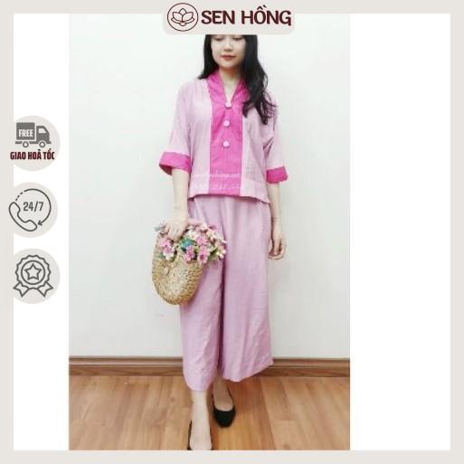 ♥️❤️Quần Áo Lam Phật Tử cao cấp màu hồng dành cho nữ hà nội hcm An252 vải đũi phối tơ tằm hàng thiết kế