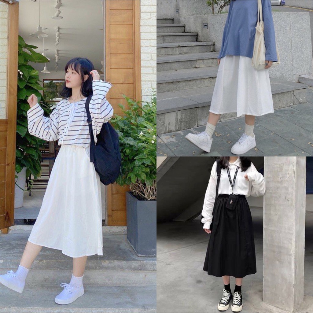 Chân váy dài vintage dạng xoè phong cách hàn quốc. Váy đũi dáng dài 2 lớp thiết kế lưng chun free size 3 màu hothit