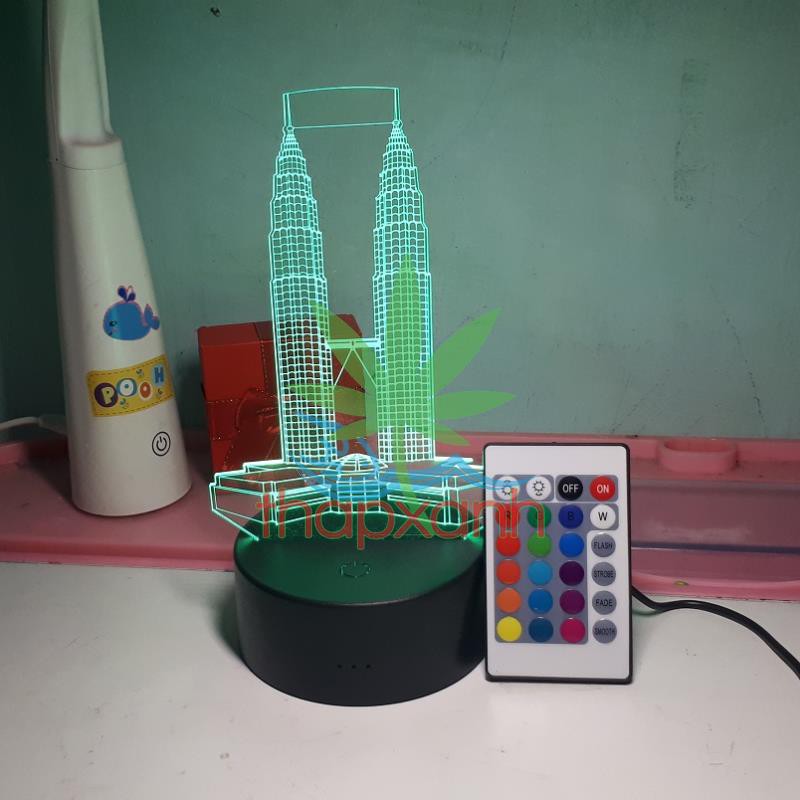 Đèn ngủ, Đèn trang trí Led 3D, Đèn ngủ 16 màu mini có điều khiển Tòa Tháp Đôi