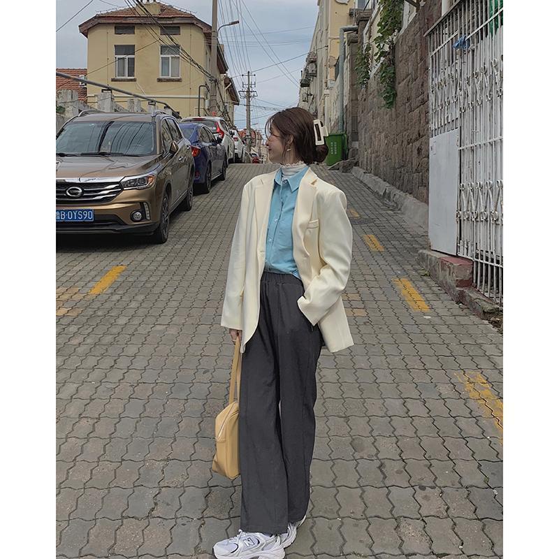 IELGY  Áo Sơ Mi Tay Dài Dáng Rộng Mỏng Màu Xanh Dương Dễ Phối Đồ Thời Trang Cho Nữ