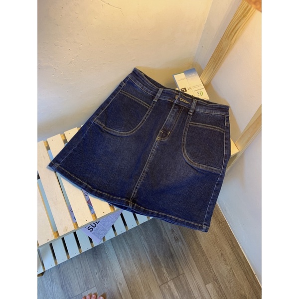 Chân Váy Jeans Chữ A Co Dãn 2 Túi Cạp Cao