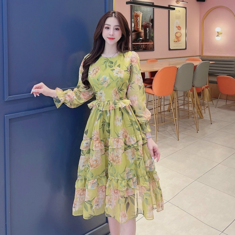 Đầm xòe tầng cách điệu LAMINU thiết kế, váy tiểu thư dài tay, chất tơ mỏng nhẹ 2 lớp
