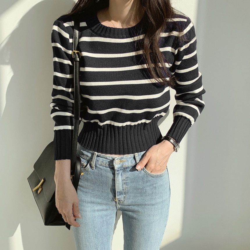 Áo sweater ZHELIHANGFEI dài tay lưng cao họa tiết kẻ sọc ngang phong cách retro