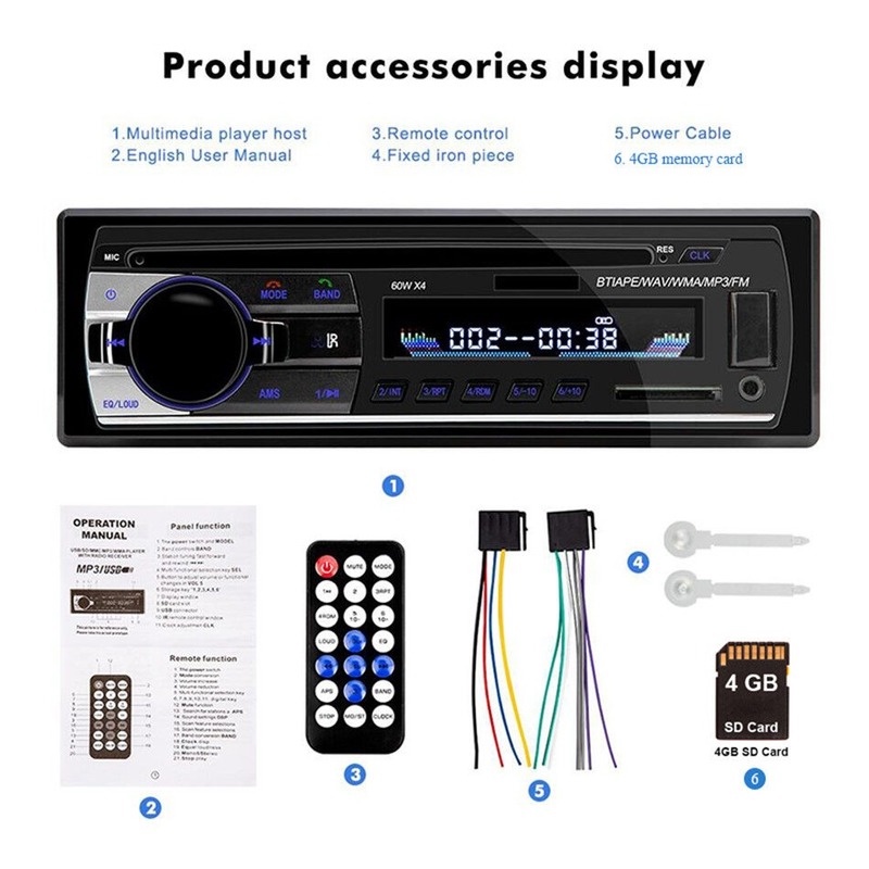Máy Nghe Nhạc MP3 12-24V 1 Din Bluetooth/USB/AUX/SD/FM Tích Hợp Thẻ Nhớ 4GB TF Cho Xe Hơi