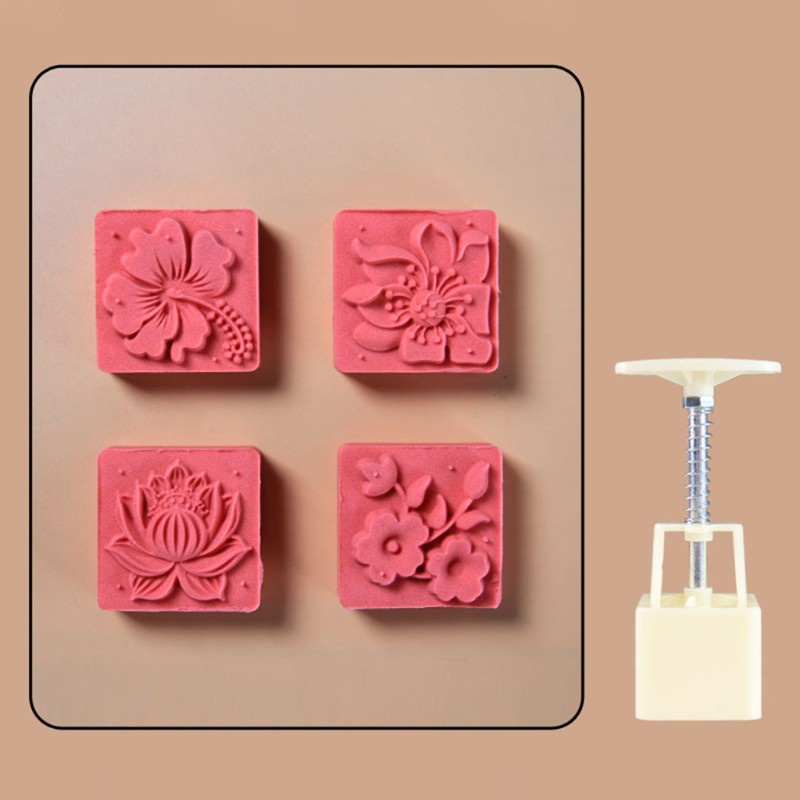 be❀  Plastic Mooncake Mold 65g Cookie Cutter 4 Round Square Stamps Hand Press Pastry
