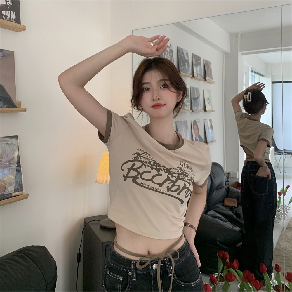 Áo Thun Ngắn Tay Phối Ren Phong Cách retro Thời Trang Cho Nữ