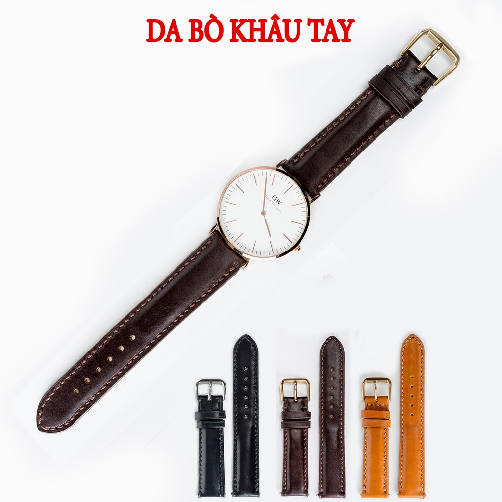 Dây da đồng hồ nam da bò-khâu tay thủ công D101 size 18mm, 20mm, 22mm, 24mm-Bụi leather