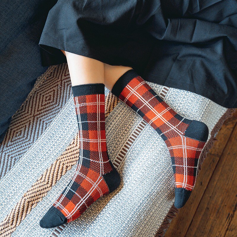 Tất kim đôi vải cotton sọc caro chiều dài trung bình cao cấp phong cách harajuku lolita retro ngọt ngào cho nữ