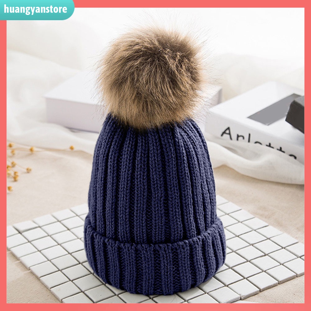HY| Mũ len đính bóng lông màu trơn giữ ấm cho nữ
