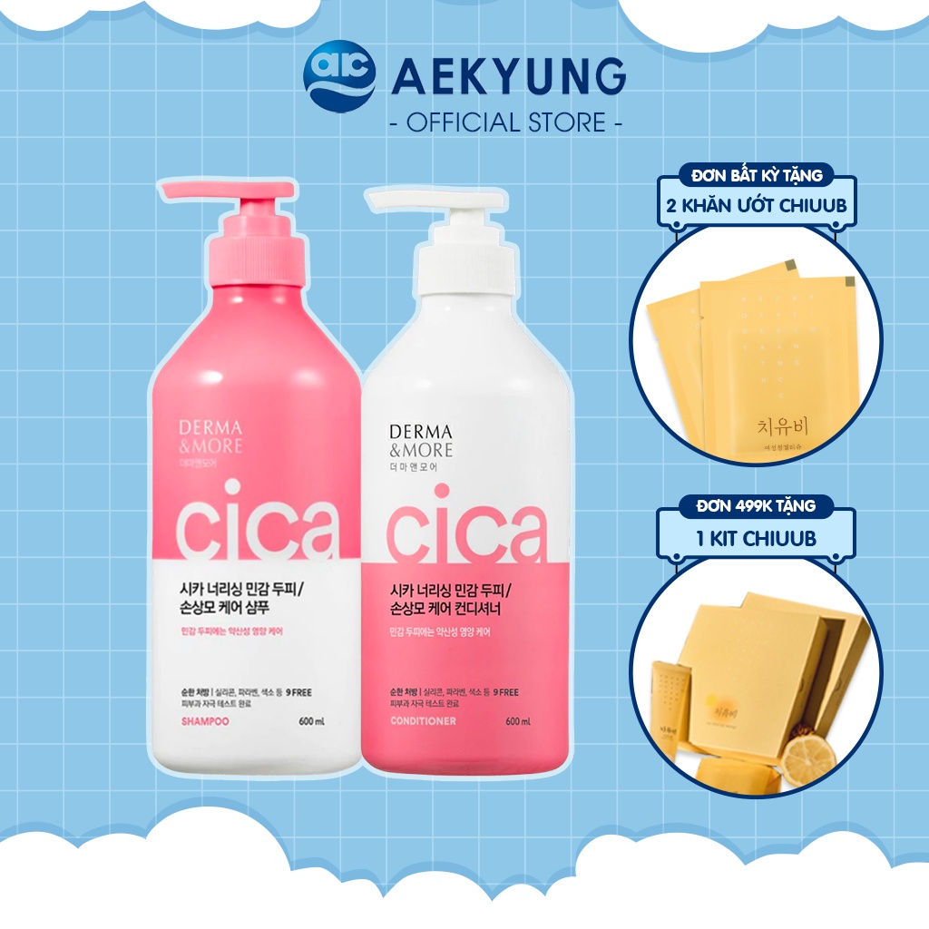 Bộ dầu gội và dầu xả phục hồi tóc hư tổn Derma & More CICA giảm gãy rụng, dưỡng tóc bóng khỏe cho da đầu nhạy cảm 600ml