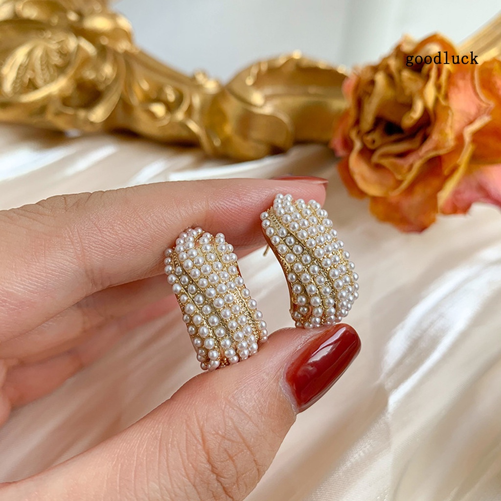 1 Đôi Bông Tai Chữ C Đính Ngọc Trai Nhân Tạo Thời Trang Dành Cho Nữ