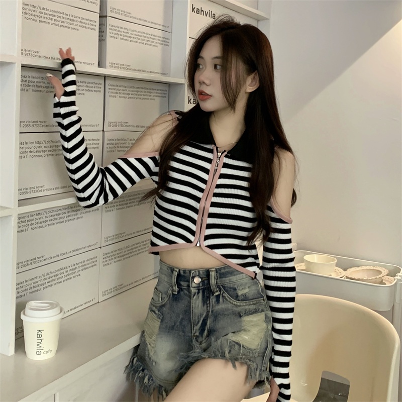 SUXI Áo Dệt Kim Tay Dài Trễ Vai Cổ Bẻ Hoạ Tiết Kẻ Sọc Phong Cách Vintage