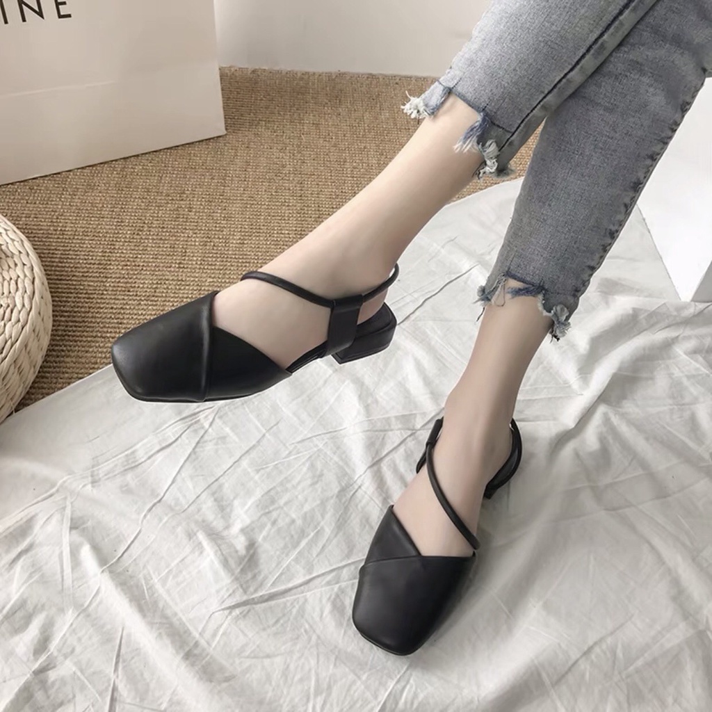 GIÀY BÚP BÊ -Sandal nữ mùa hè mũi vuông Giày búp bê đế xuồng 2,5 cm da mềm-Sục quai chéo trẻ tru