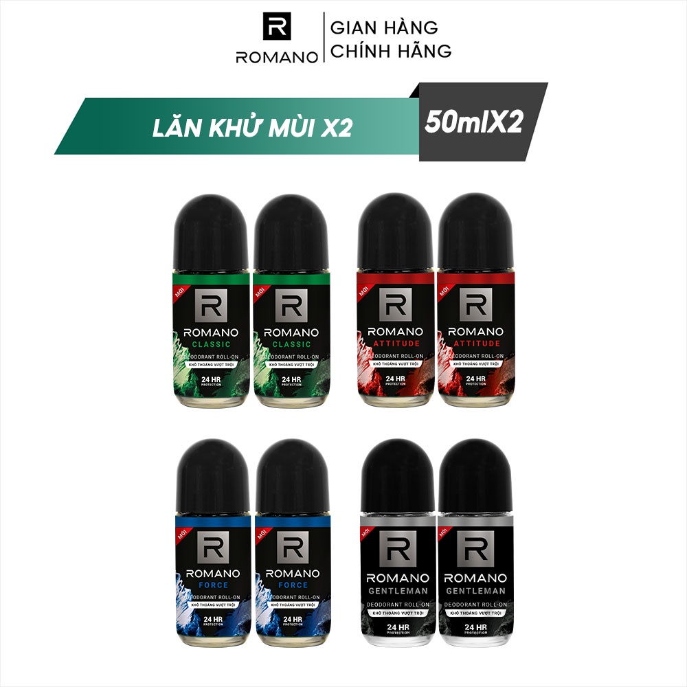 Combo 2 Lăn khử mùi nam Romano kháng khuẩn &amp; khô thoáng cả ngày 50ml/chai