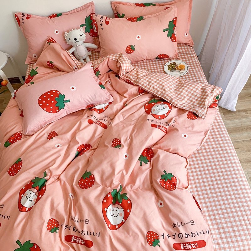 Set chăn ga gối cotton poly - Dâu tây Nhật ( không kèm ruột )