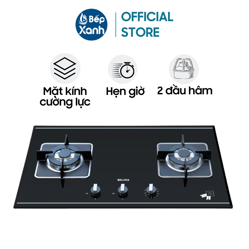 [TRẢ GÓP 0%] Bếp gas âm 2 gas Malloca AS 9402B Kiềng Gang, Hẹn giờ - Bảo hành 3 năm chính hãng