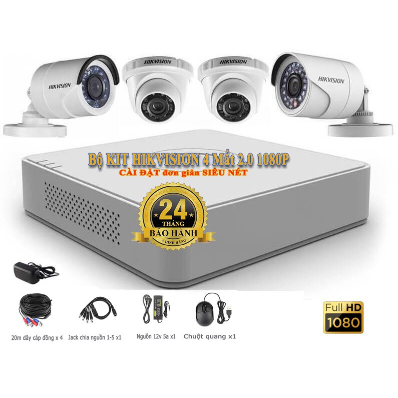 Bộ KIT Camera HIKVISION 4 mắt 1080p Full HD siêu nét lắp đặt đơn giản đầy đủ phụ kiện TẶNG hộp kỹ thuật