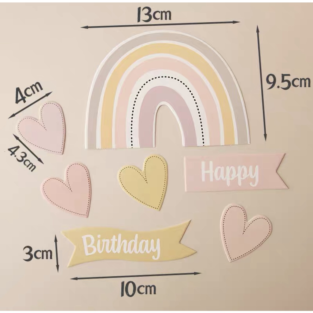 Set que cắm HPBD cầu vồng giấy + 3 tim vàng