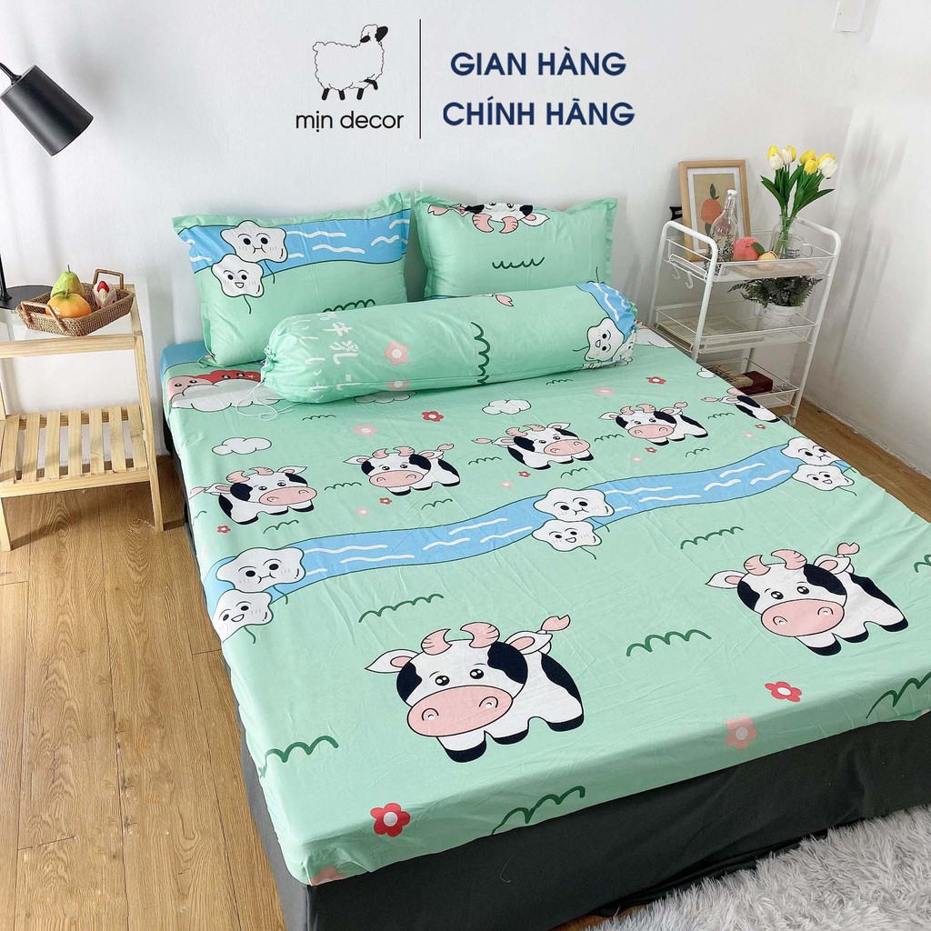 Bộ ga giường cotton poly, drap giường vỏ gối cotton dễ thương bo chun miễn phí