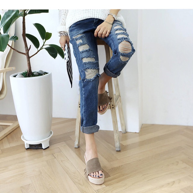 Quần jean baggy xanh đậm lưng thun big size wash rách size đại 70-90kg
