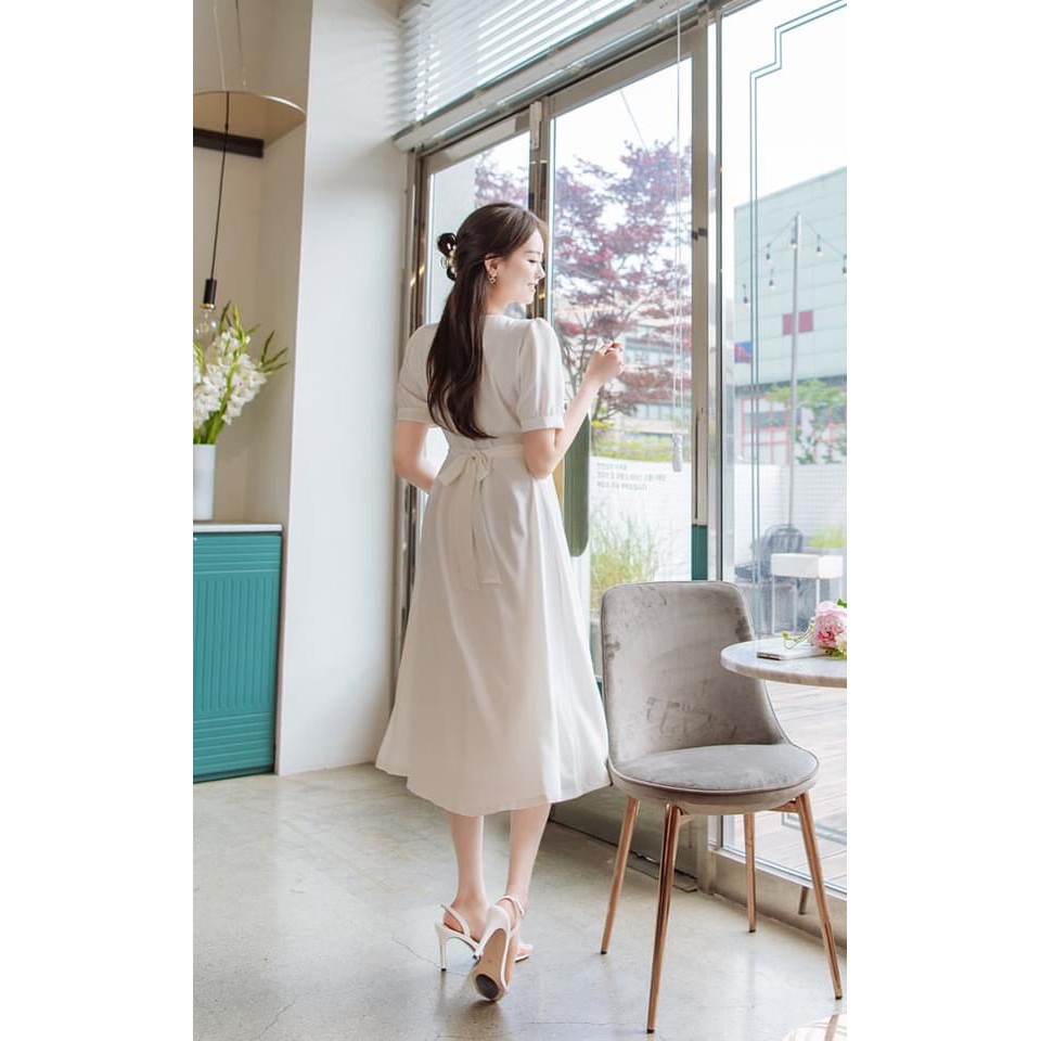 Váy Đầm Công Sở Cổ Vuông Cột Nơ Sau- Form Dài Chất Lụa Chéo Thái Sang Trọng – Thanh Lịch