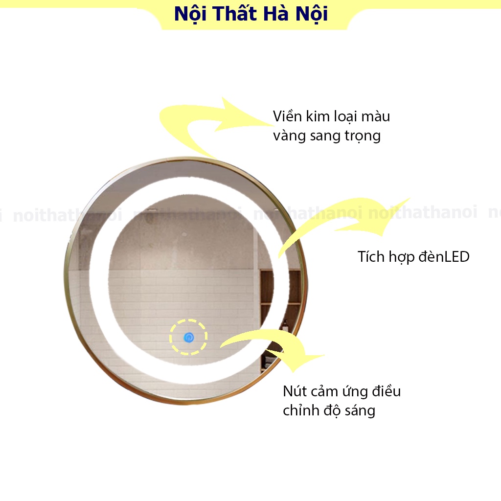 Gương treo tường hình elip, hình lục giác, chữ nhật, mạ kim viền kim loại tích hợp đèn LED có nút cảm ứng thông minh