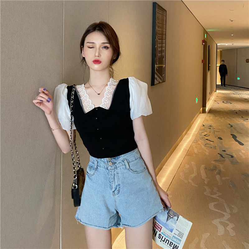Áo kiểu nữ phối ren dệt kim tay ngắn quyến rũ dạng croptop