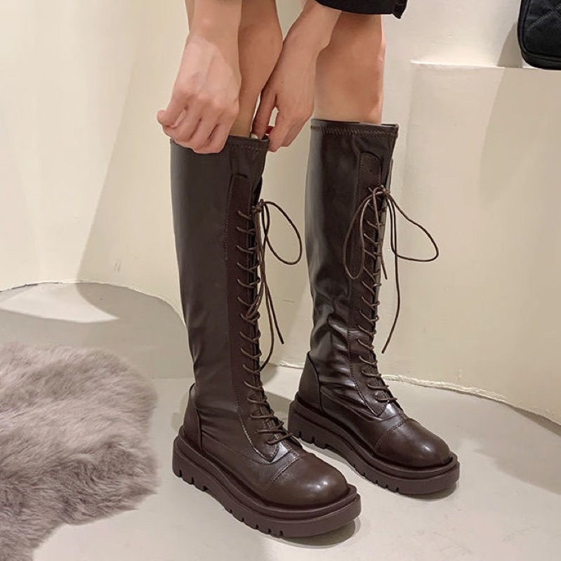 Giày boot đùi nữ chiến binh buộc dây đế độn 5p da mềm lì đẹp ulzzang Eudora899 B36