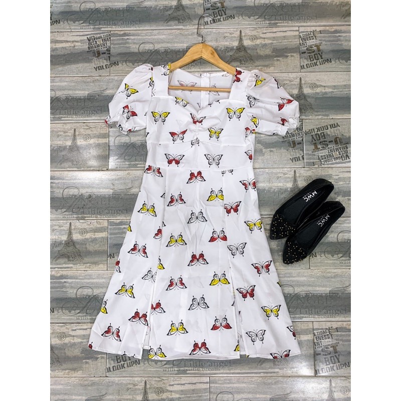 Váy cổ vuông dáng xòe họa tiết bướm , đầm nữ xẻ tà tay phồng nằm trong bộ sưu tập đầm ulzzang hot nhất 2021 | BigBuy360 - bigbuy360.vn